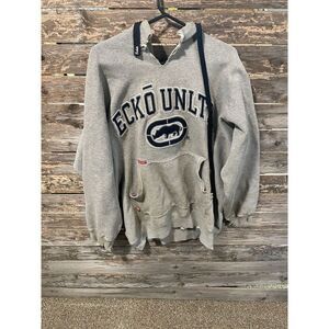 Ecko Unlimited Sweatshirt Mens Large Gray Hooded Embroidered Logo Vtg Distressed